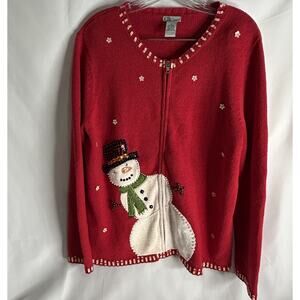C B Career Womens Medium Snowman Ugly Christmas Sequin Cardigan Sweater Red